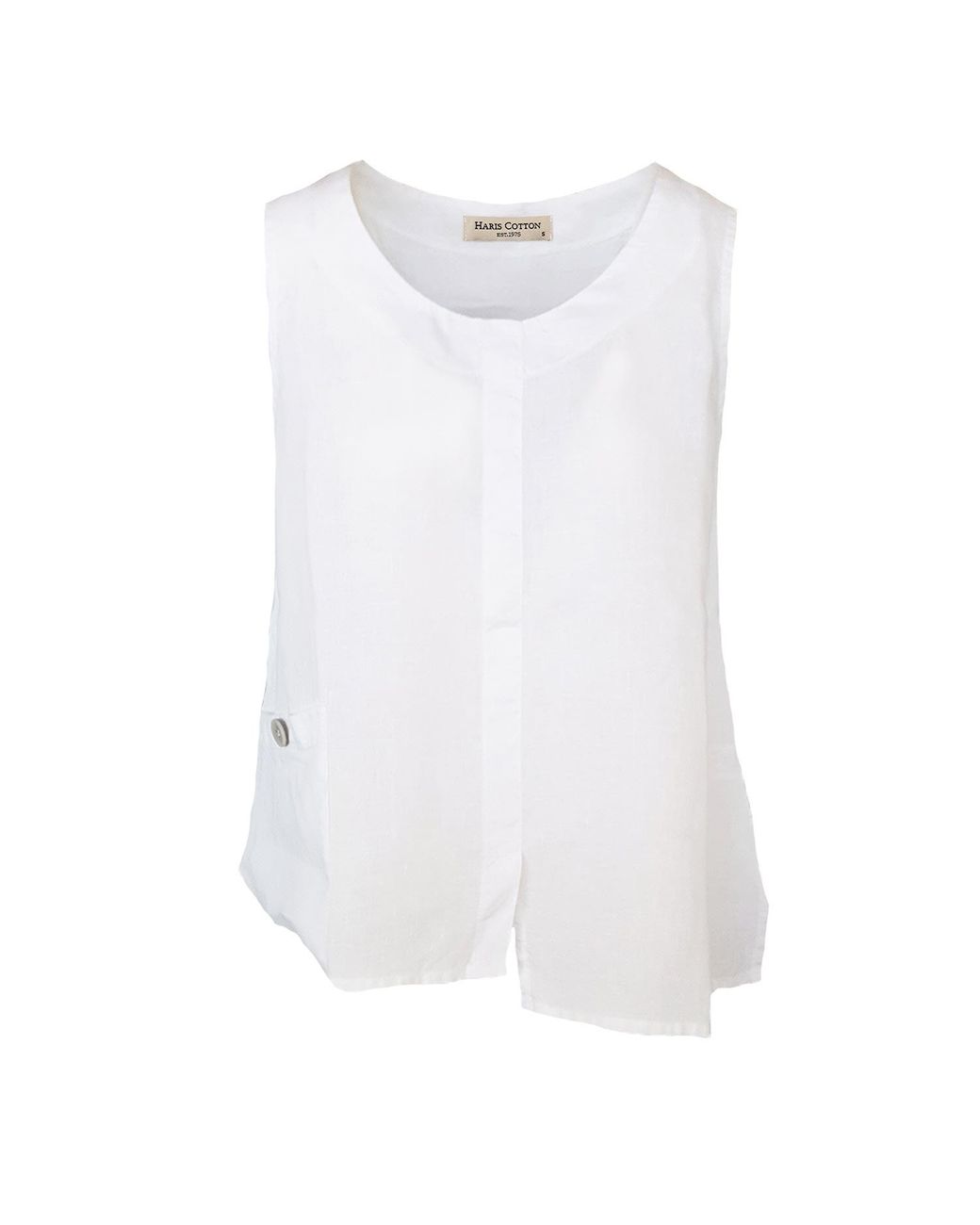 Haris Cotton White Front Pocket Linen Sleeveless Top