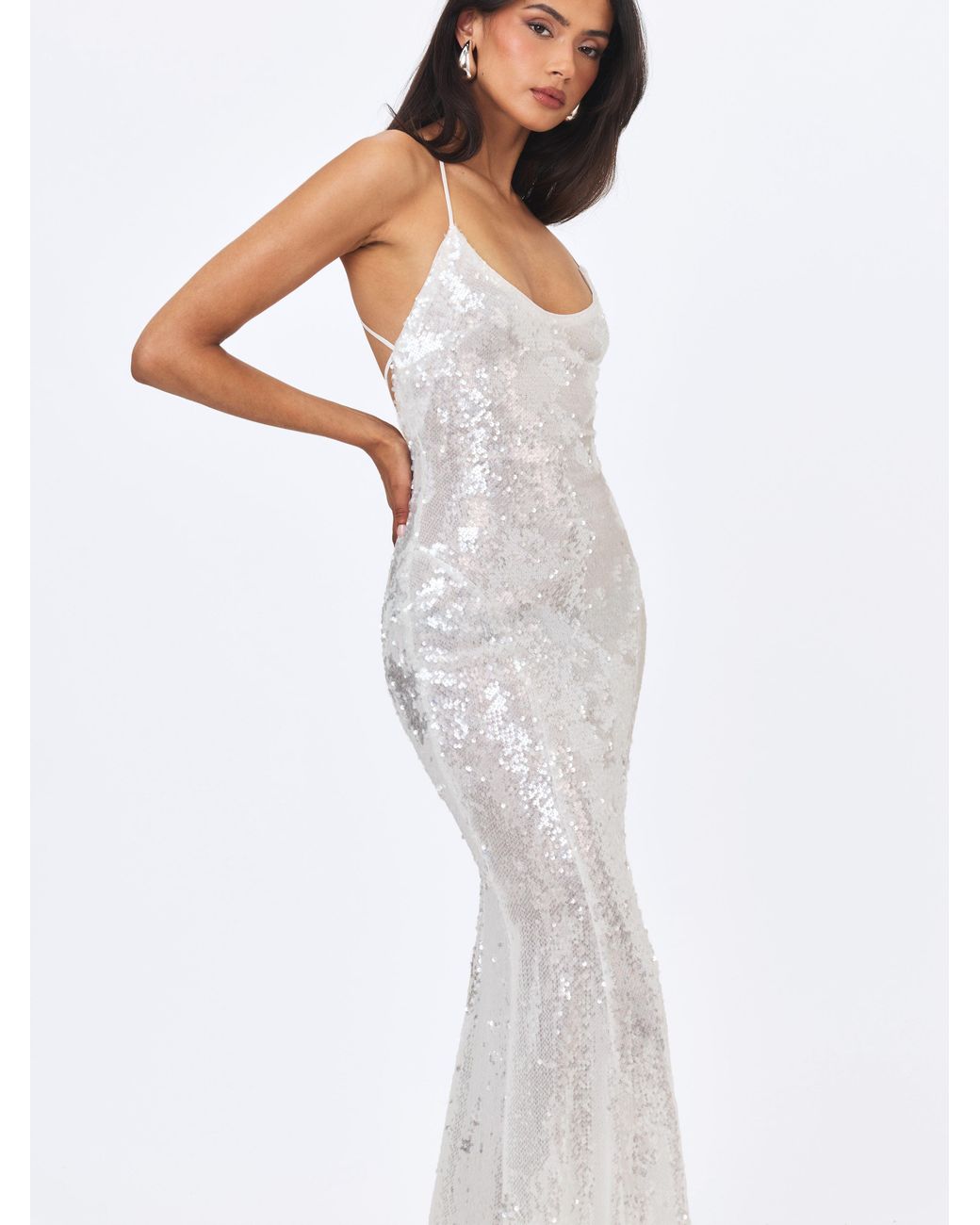 Miss Circle New York White Cameron Sequin Scoop Neck Mermaid Maxi Dress