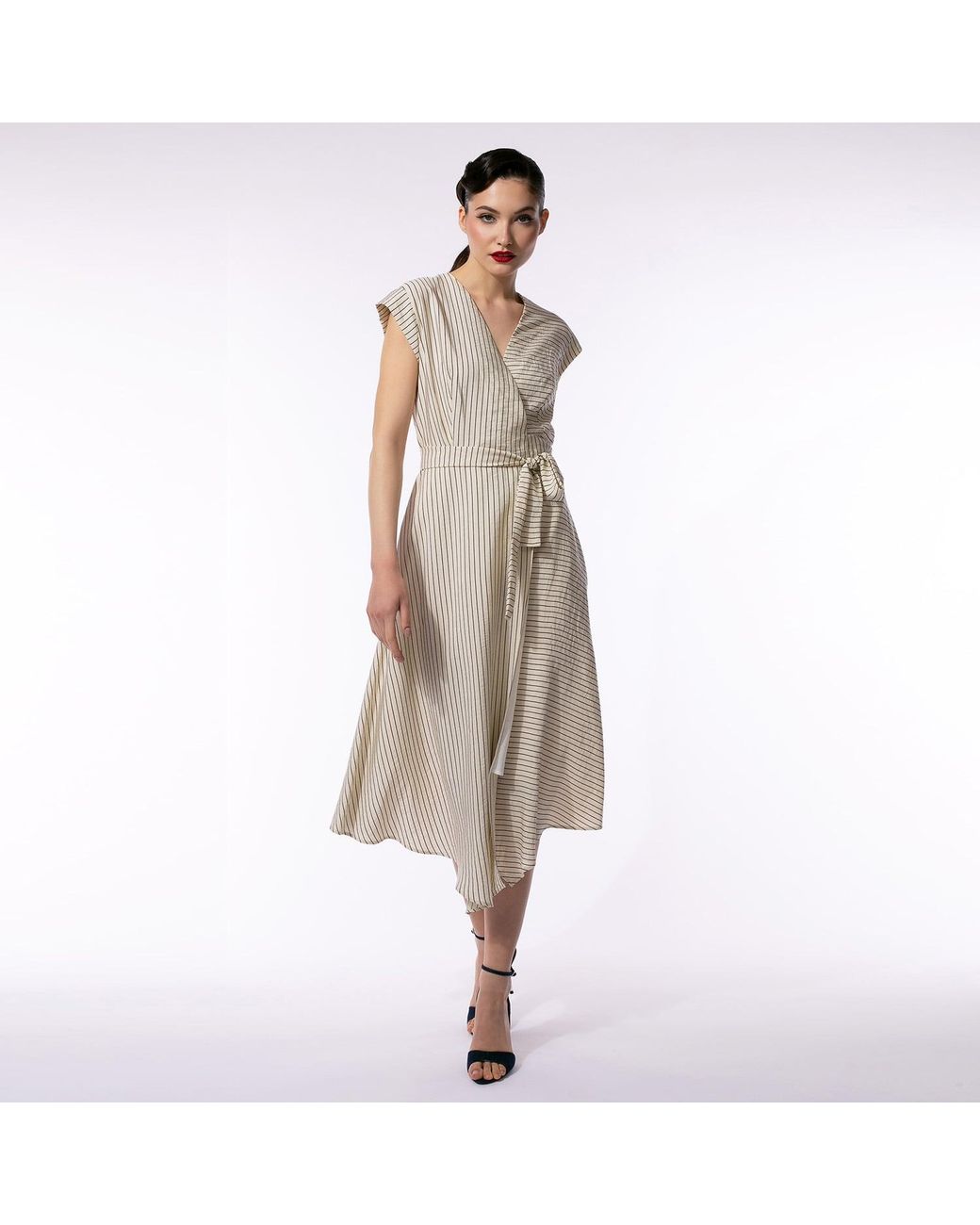 Larisa Dragna Natural Neutrals Striped Wrap Midi Dress – Retro Elegance