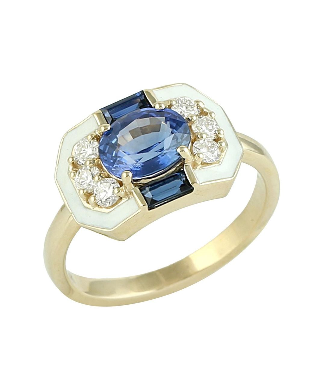 Artisan Blue 14K Sapphire, Diamond & Enamel Art Deco Ring