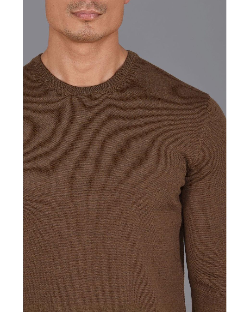 Paul James Knitwear Brown Ultra Fine Cotton Mock Turtle Neck Spencer Jumper for men