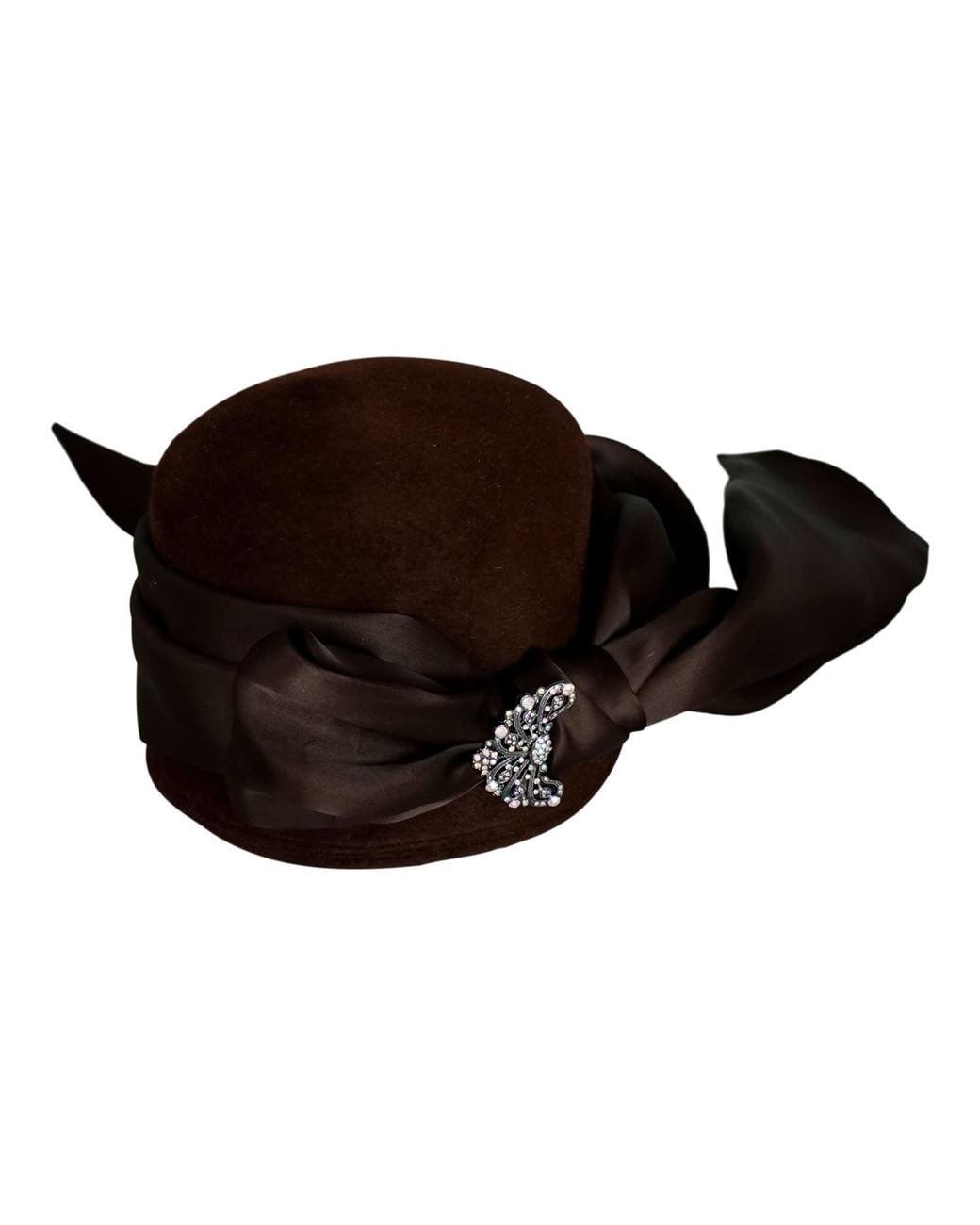 Romer Millinery Black Belle Cloche Vintage Felt With Organza Tie & Vintage Pin One Of A Kind