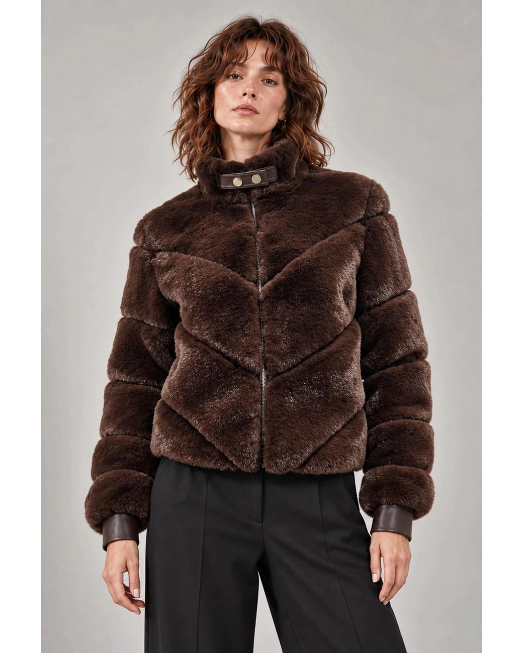 James Lakeland Brown Chocolate Chevron Faux-Fur Jacket