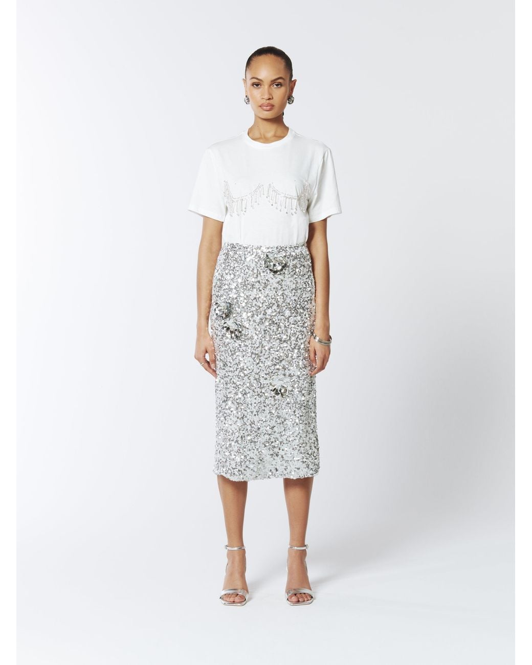 Sour Figs Gray Floral Embellished Sequin Skirt