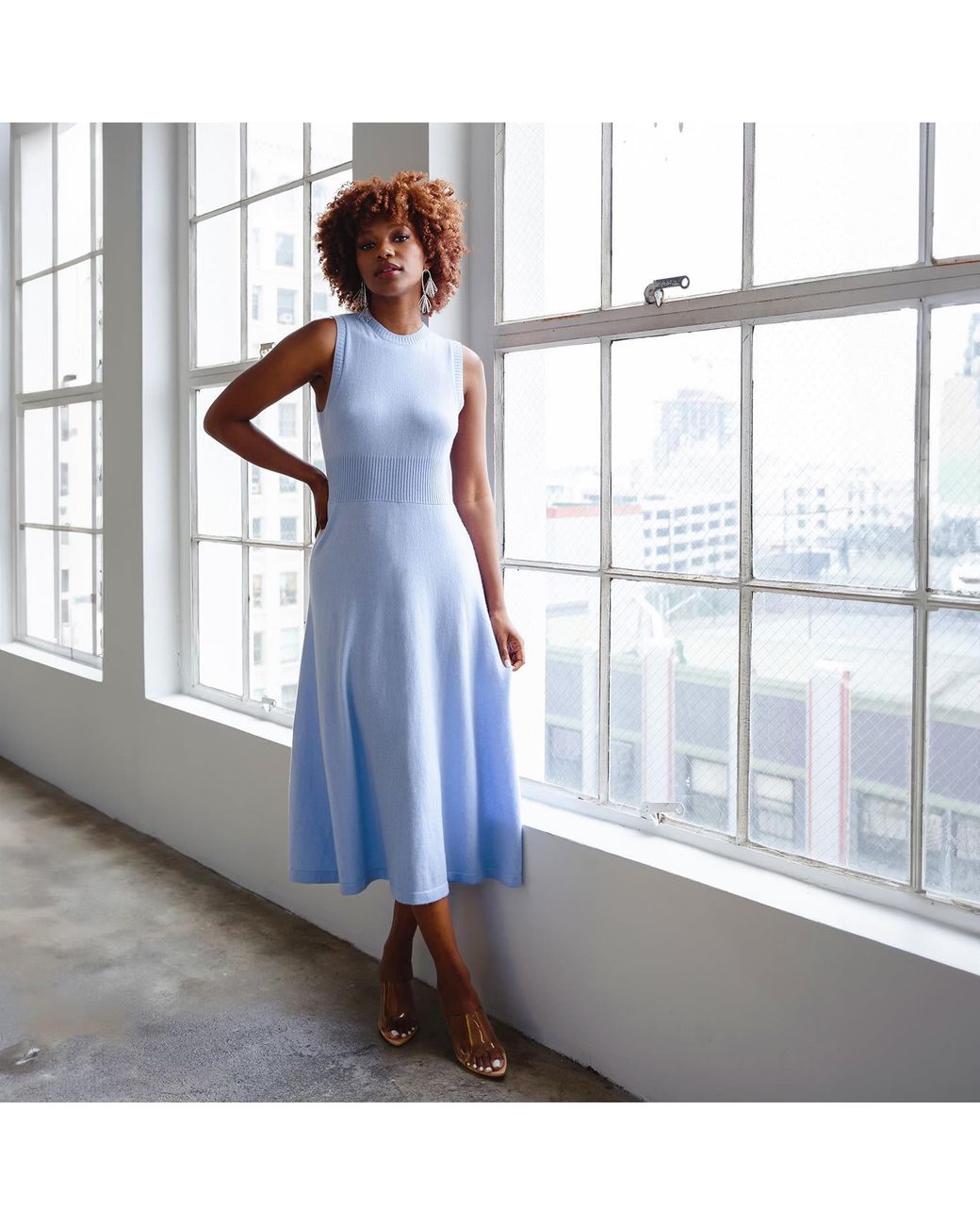 Solgo Atelier Blue Calypso Long Midi Fit And Flare Cashmere Dress