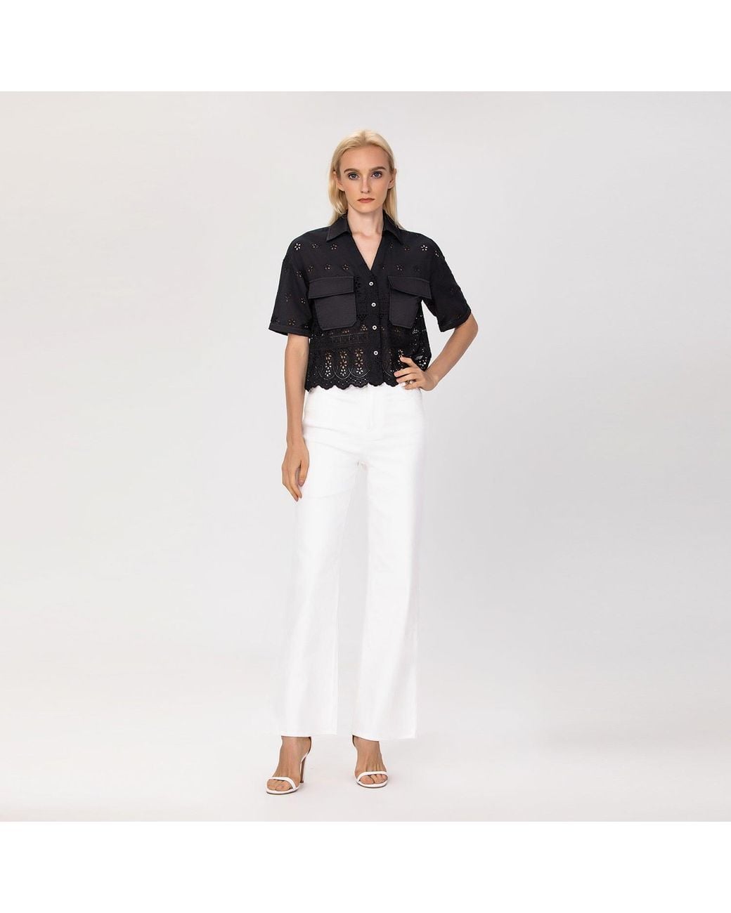 Smart and Joy Black Embroidered Crop Shirt