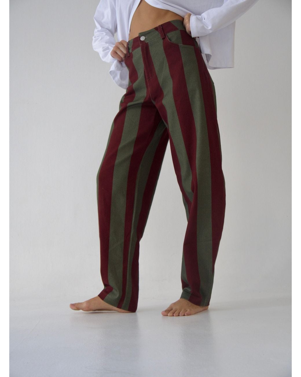 Mind Traveler Red Burgundy & Khaki Striped Clarissa Balloon Jeans