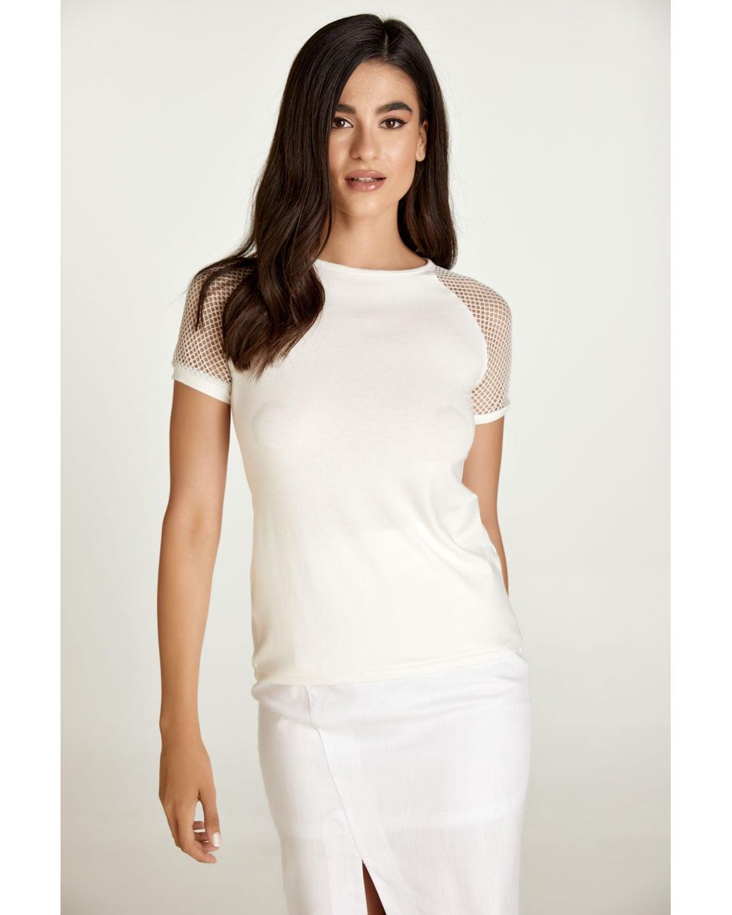 Conquista White Neutrals Ecru Top With Short Net Sleeves