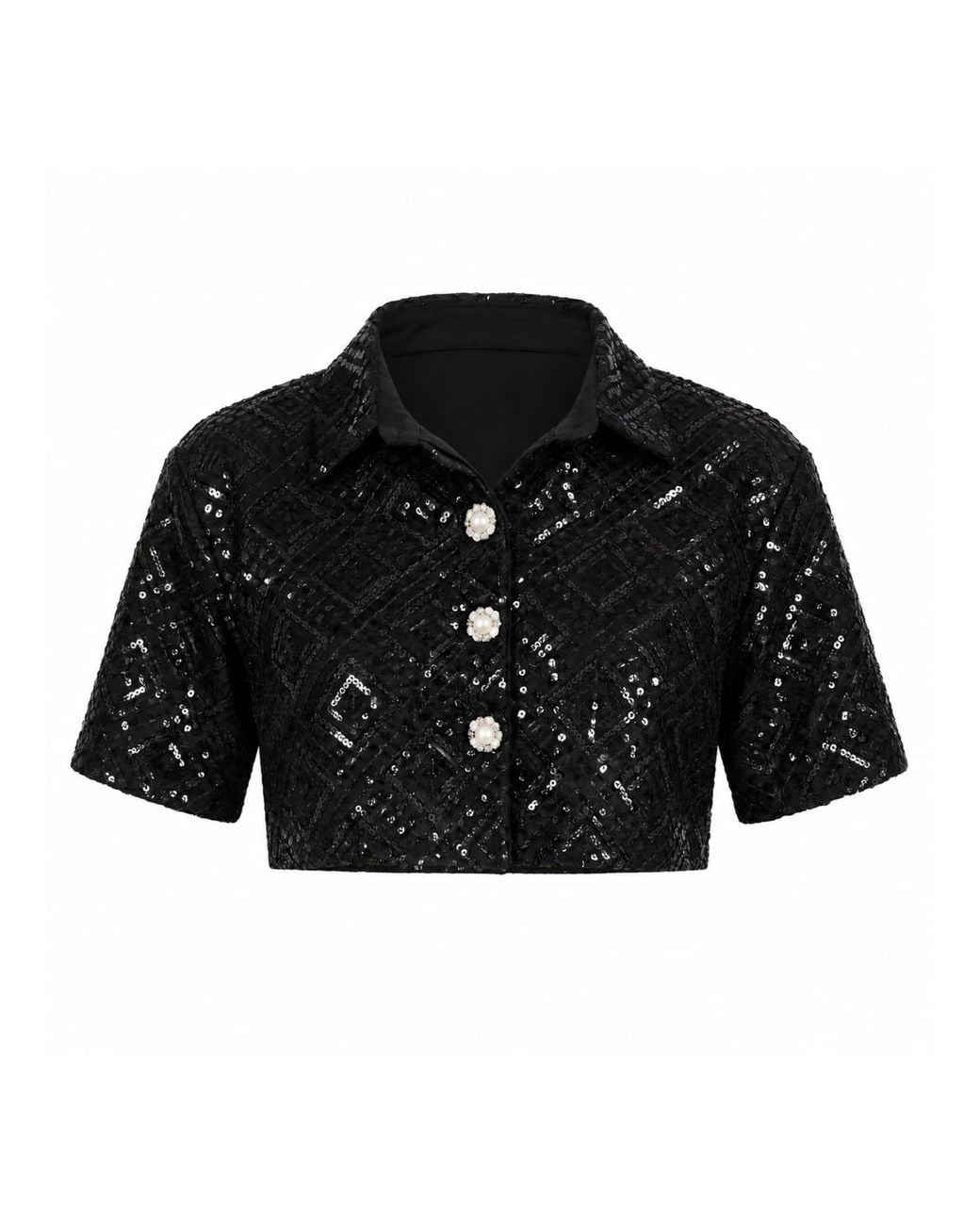 International Appeal Black Sequin Crop Shirt
