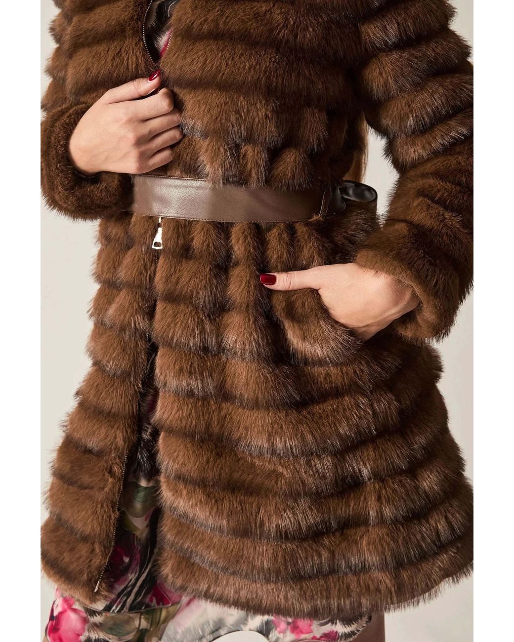 James Lakeland Brown Chocolate Ribbed Faux-Fur Coat