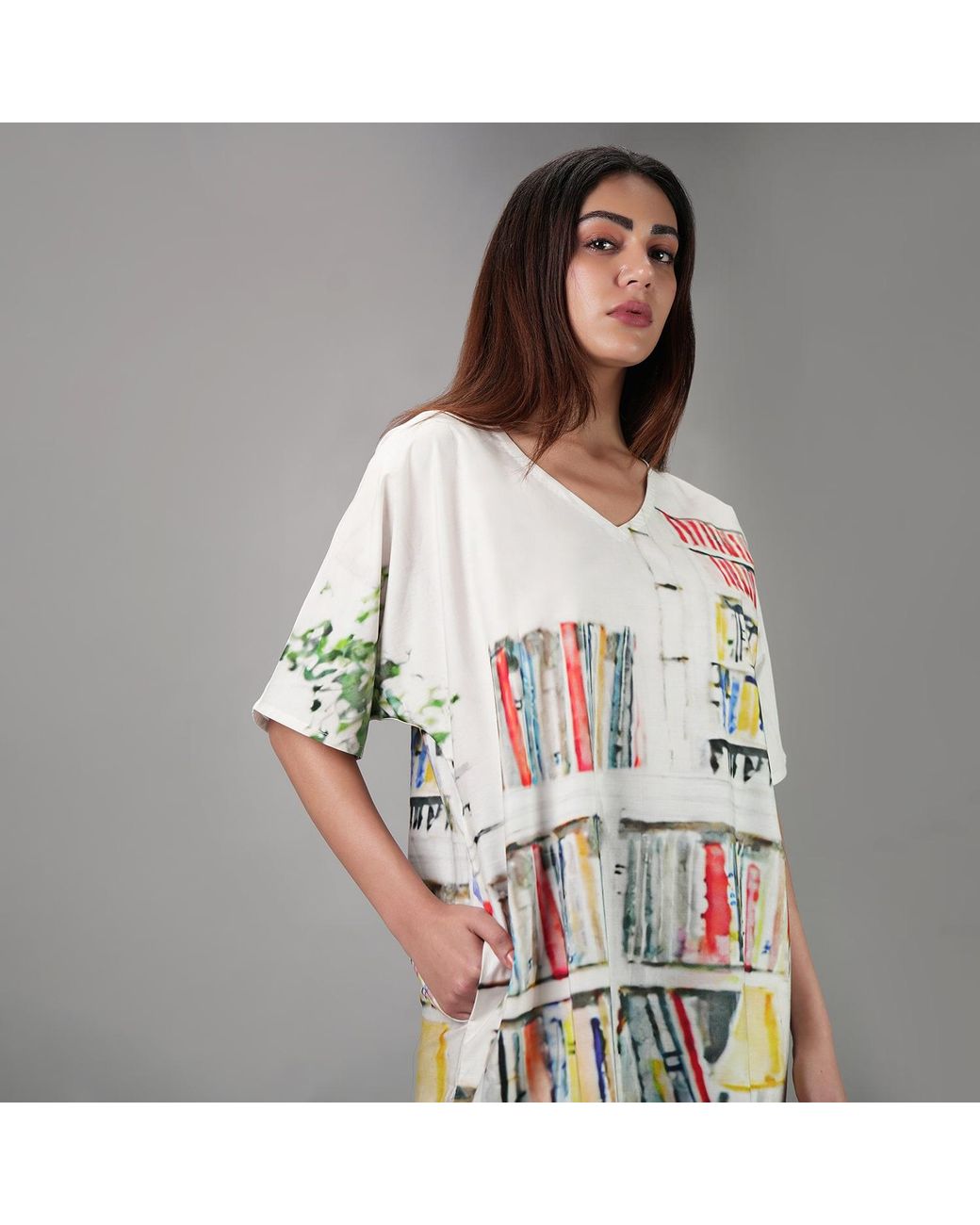 DHARA SHETH DUBAI White Abode Artistic Bookshelf Printed Kaftan Maxi Dress