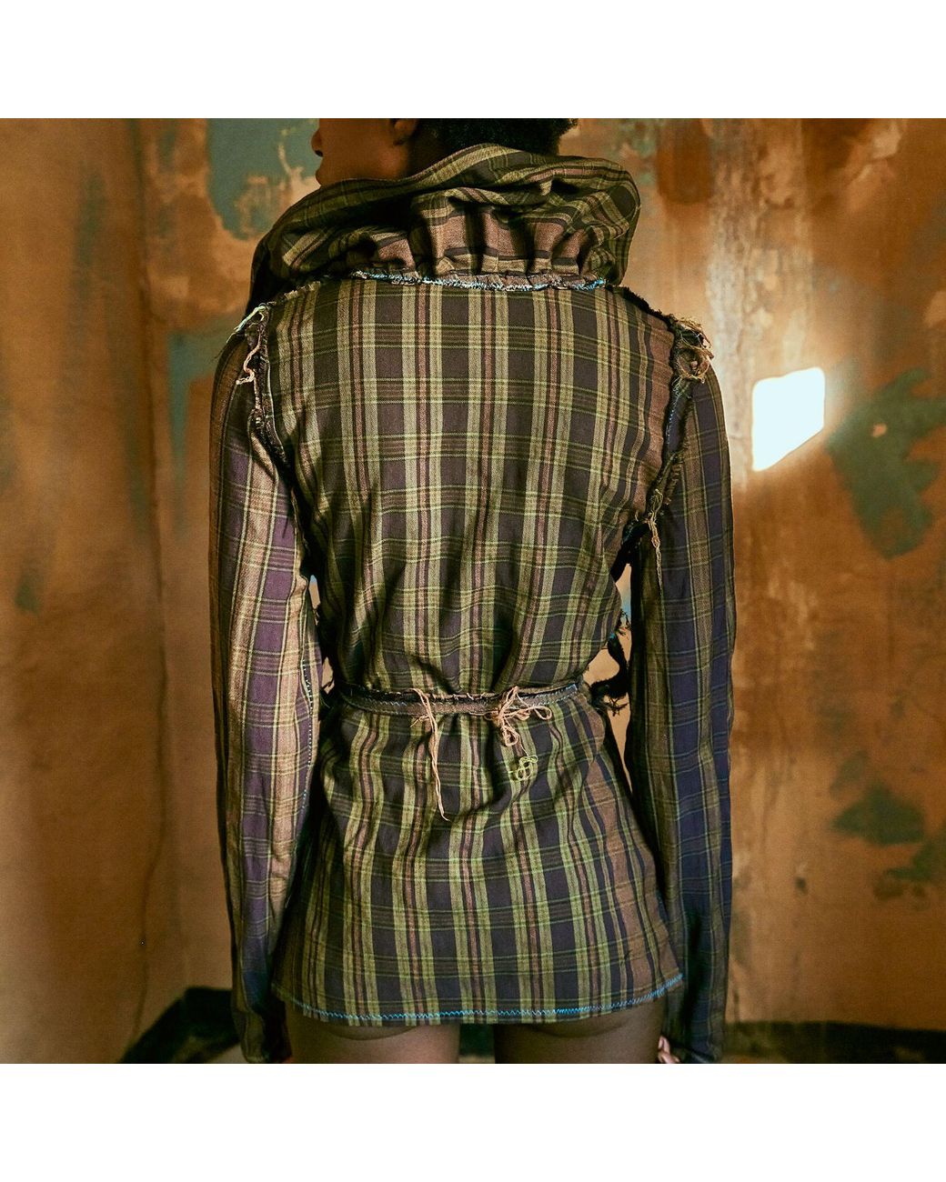 Miro Misljen Green Deconstructed Plaid Ruffle Blouse