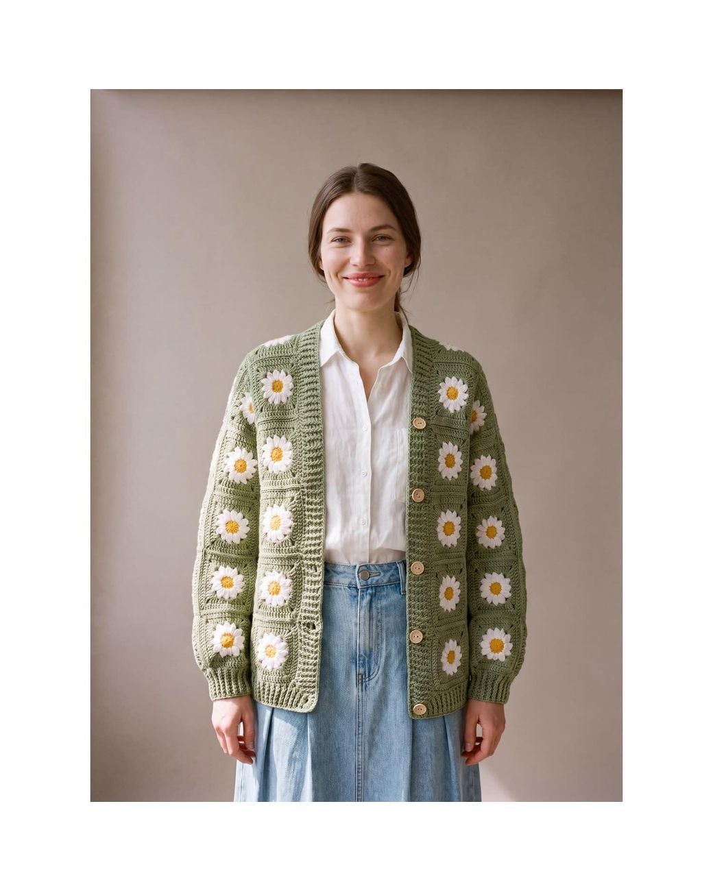 Ana Chic Green Sage Daisy Handmade Crochet Cardigan