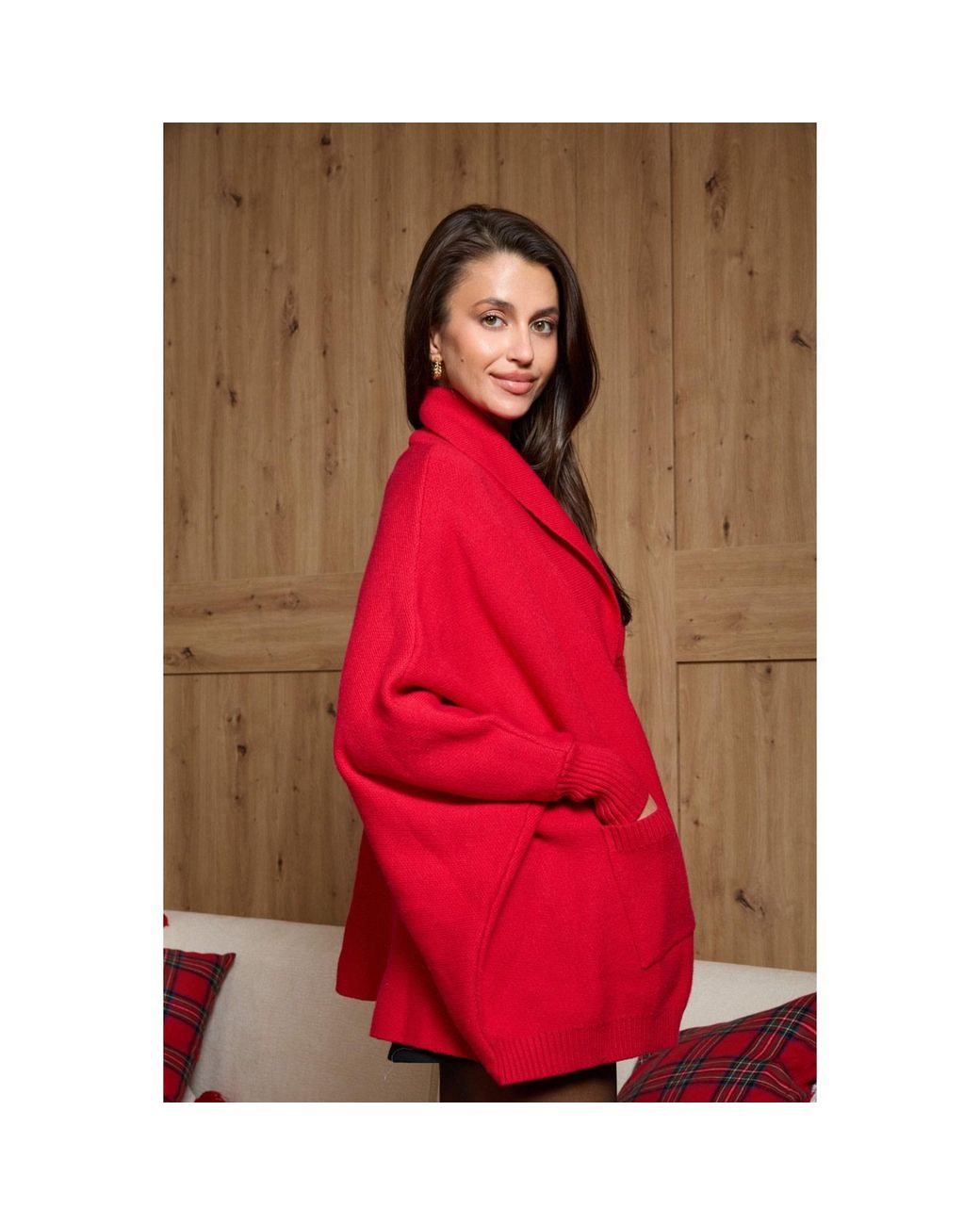 Saachi Red Open Front Oversized Cardigan Sweater