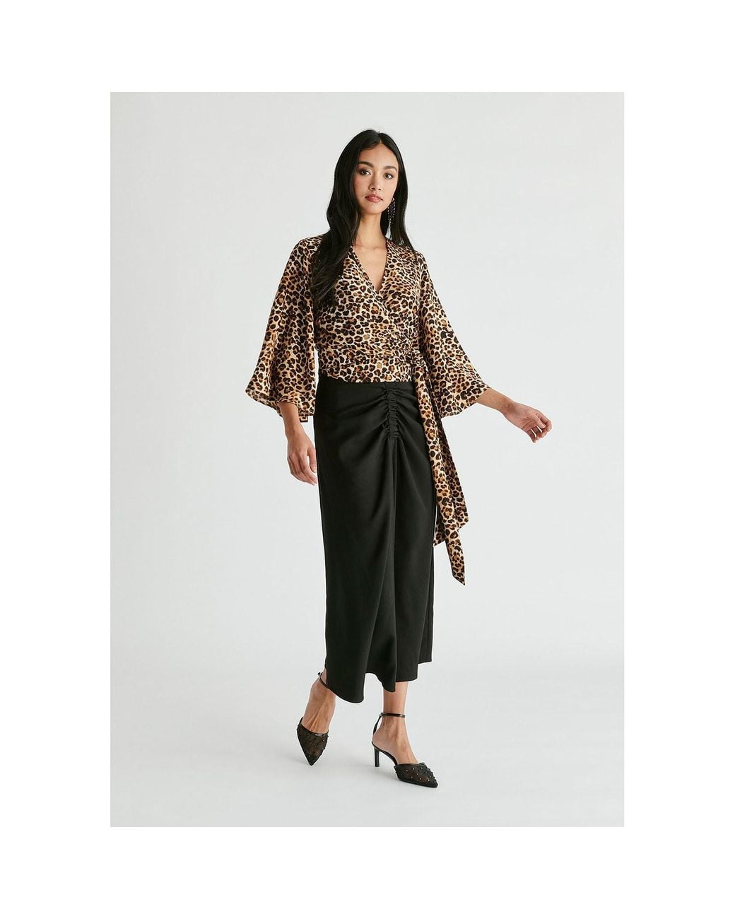 Paisie Black Ruched Front Midi Skirt