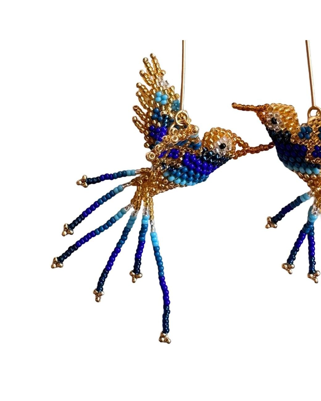 Iliana Arrazola Blue Hummingbird Dangle Earrings, Glass Beads, Beaded Jewelry