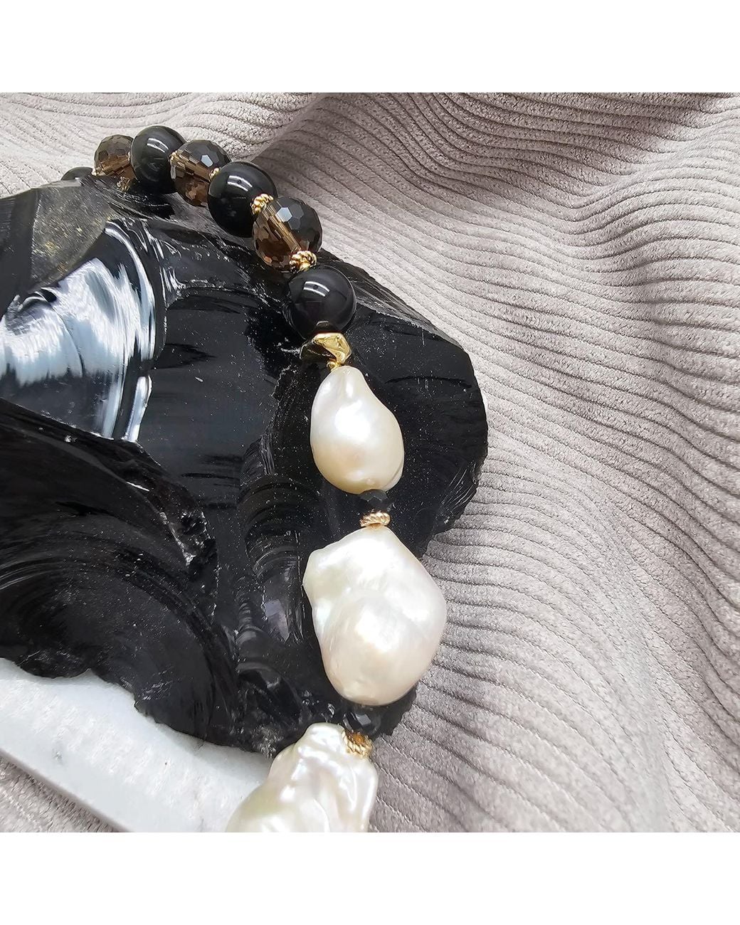 Farra Black Quartz And Obsidian With Baroque Pearl Statement Necklace