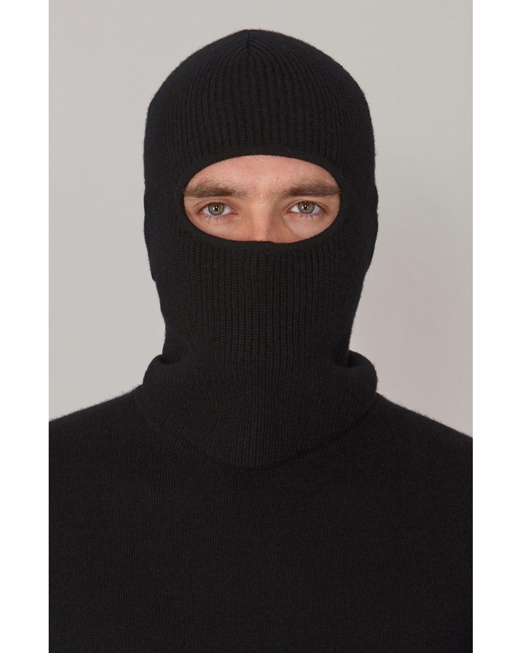Paul James Knitwear Black Merino Cashmere Aurelius Fisherman Rib Balaclava