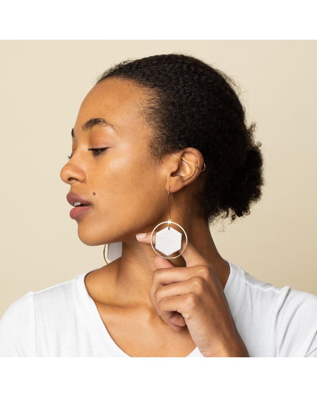 By Chavelli White Hexagon Halo Dangly Earrings