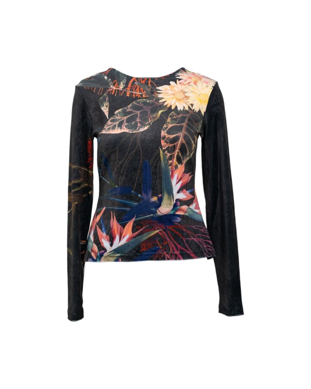 ARTISTA Black Floral Print Velvet Round Neck Top