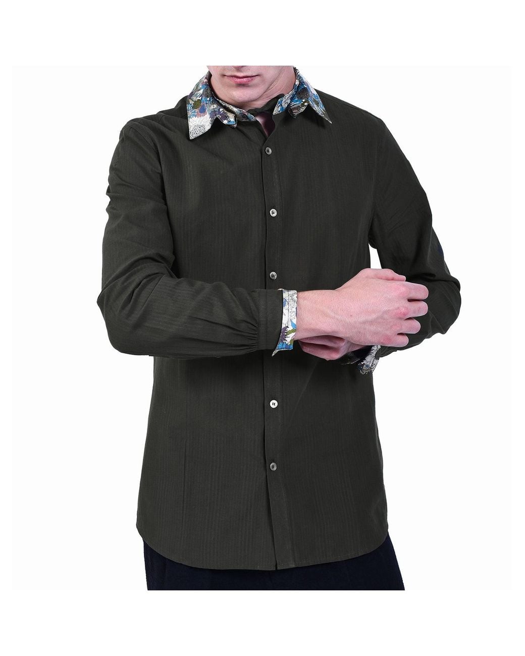 Smart and Joy Black Long-Sleeves Shirt With Printed Collar And Cuffs for men