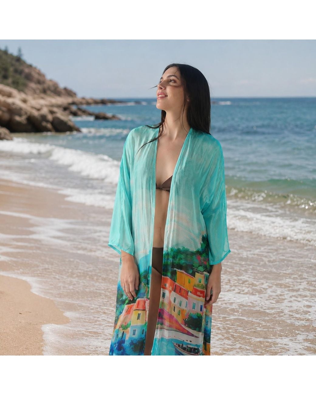 DHARA SHETH DUBAI Blue La Dolce Riviera Mediterranean Long Kimono Dress