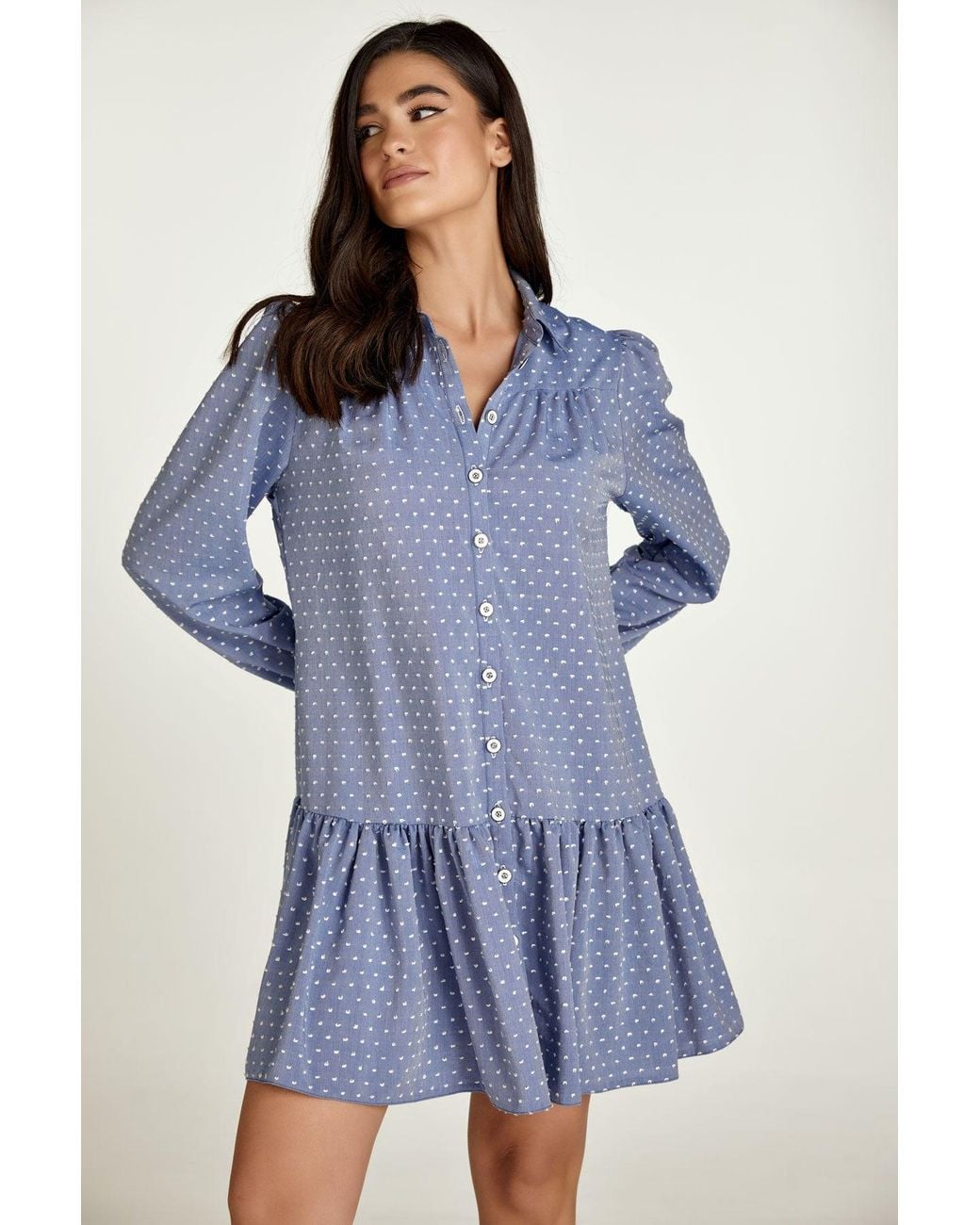 Conquista Blue Denim Style Embroidered Dress With Buttons