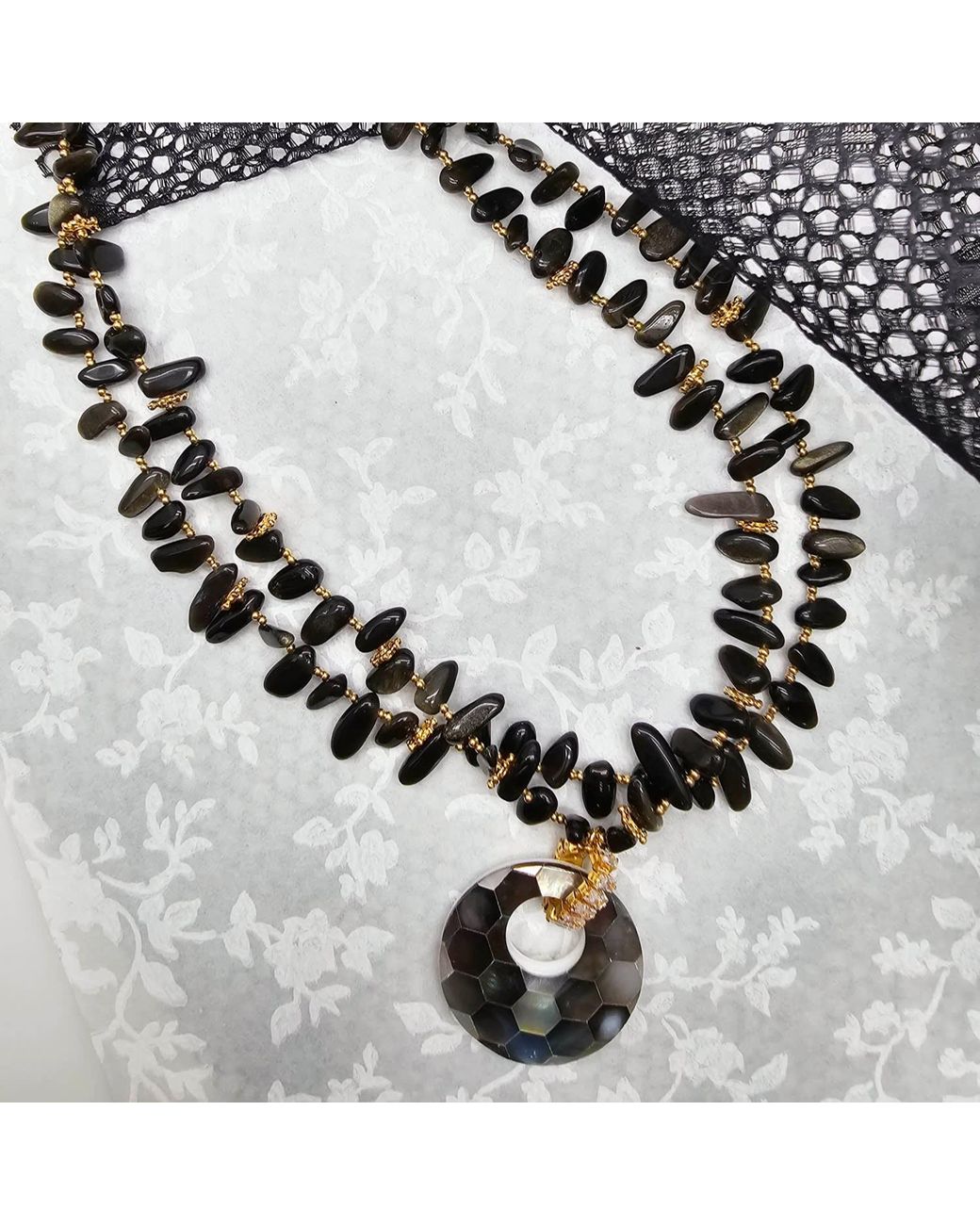 Farra Black Obsidian With Shell Pendant Classical Necklace