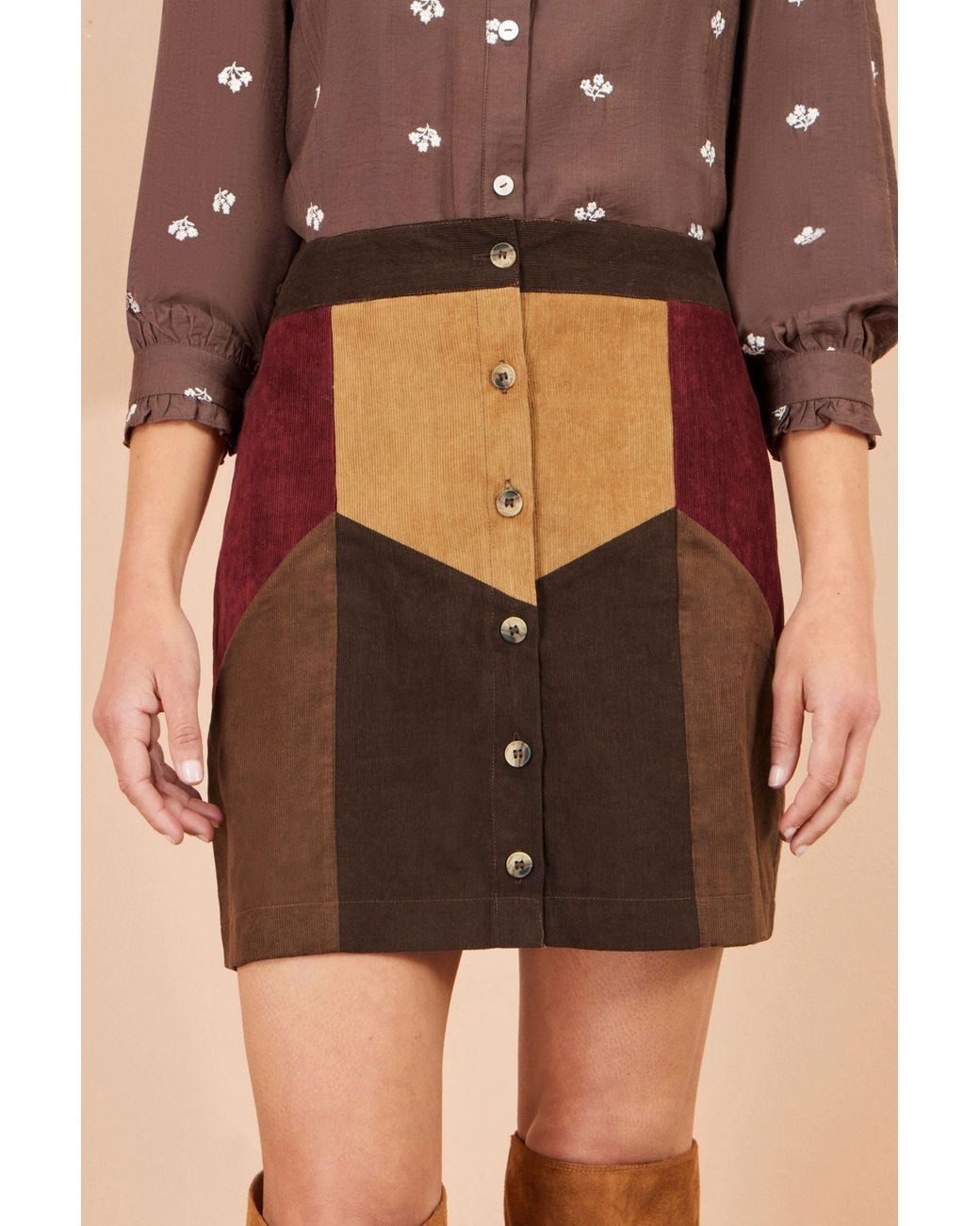 Yumi' Brown Multicolour Patchwork Cord Mini Skirt