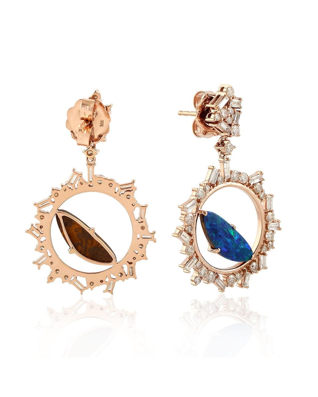 Artisan Blue 18k Rose Gold Baguette Diamond Opal Doublet Dangle Earrings Handmade