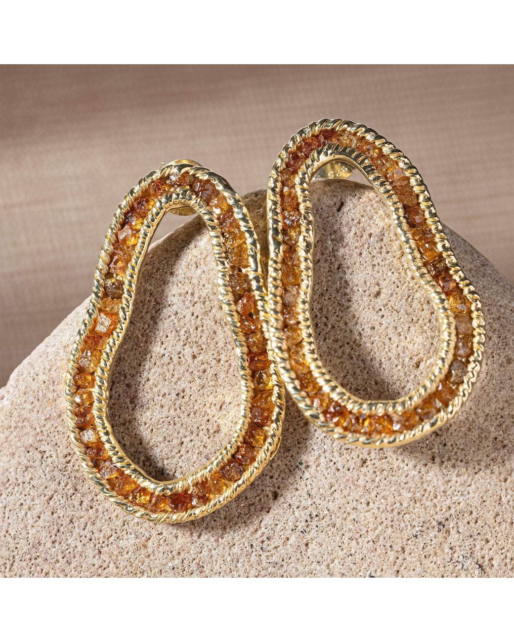 German Kabirski Metallic Arven Plated Earrings With Raw Spessartine Garnet