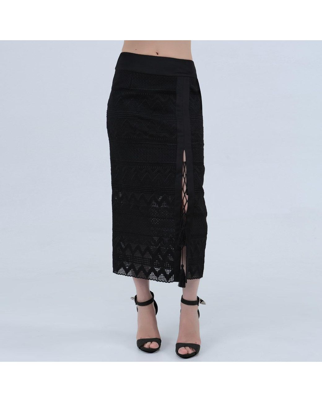 Smart and Joy Black Geometrical Lace Midi Skirt