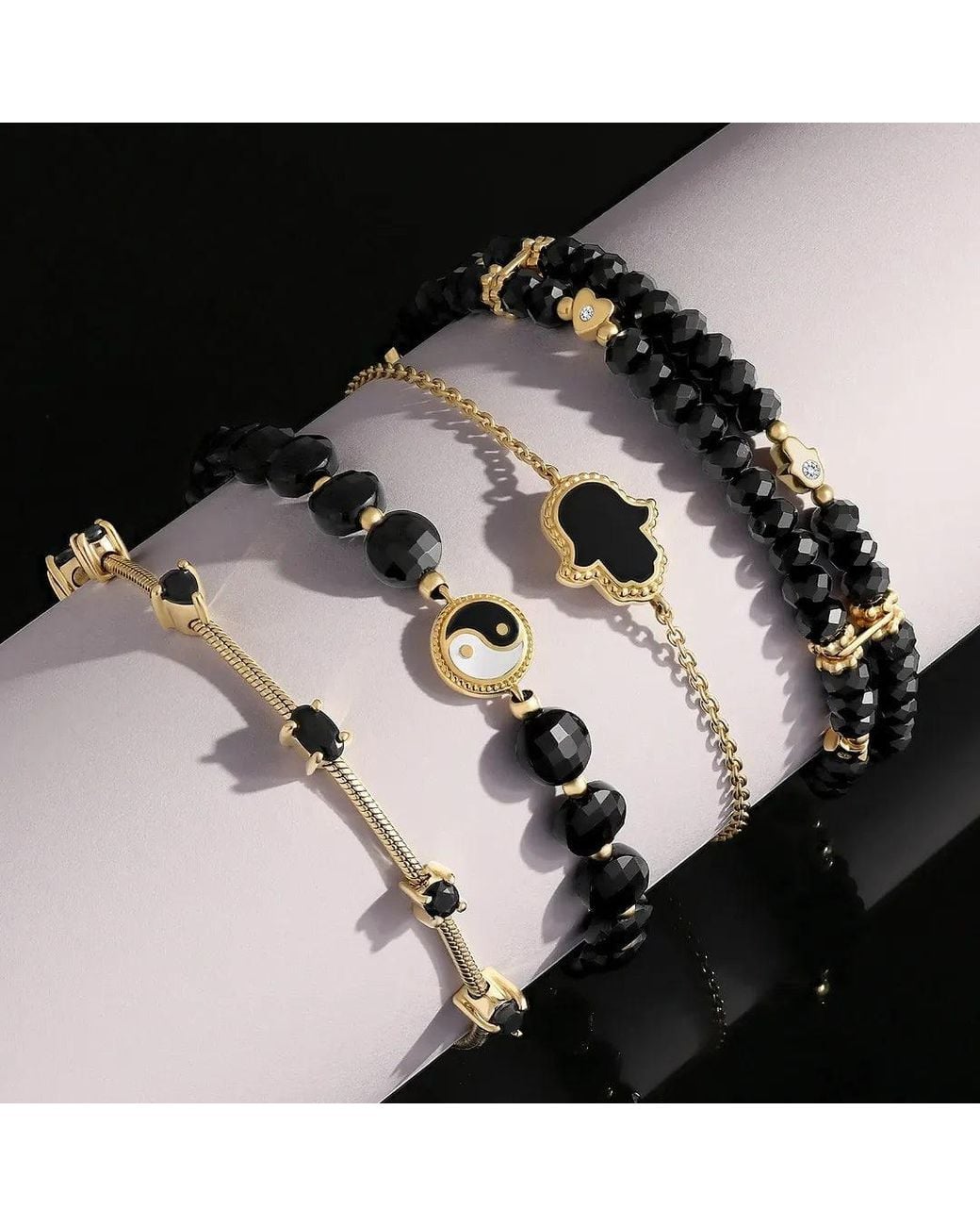 Karma and Luck Black Equilibrium Essence Yin Yang Onyx & Mother Of Pearl Bracelet