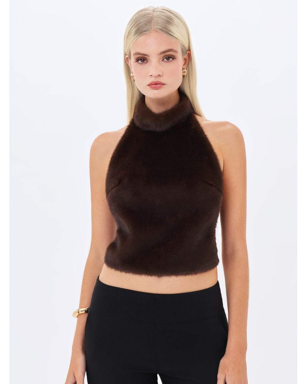 Miss Circle New York Black Xeriah Espresso Faux Mink Fur Backless Halter Top