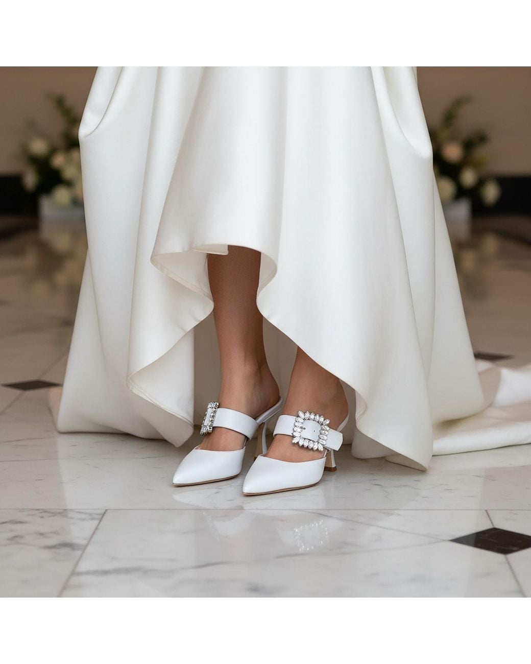 Beautiisoles by Robyn Shreiber Made in Italy White Georgina Pearlized Leather Mule Elegant & Sexy With Jewels Wedding Bridal For Evening Wear