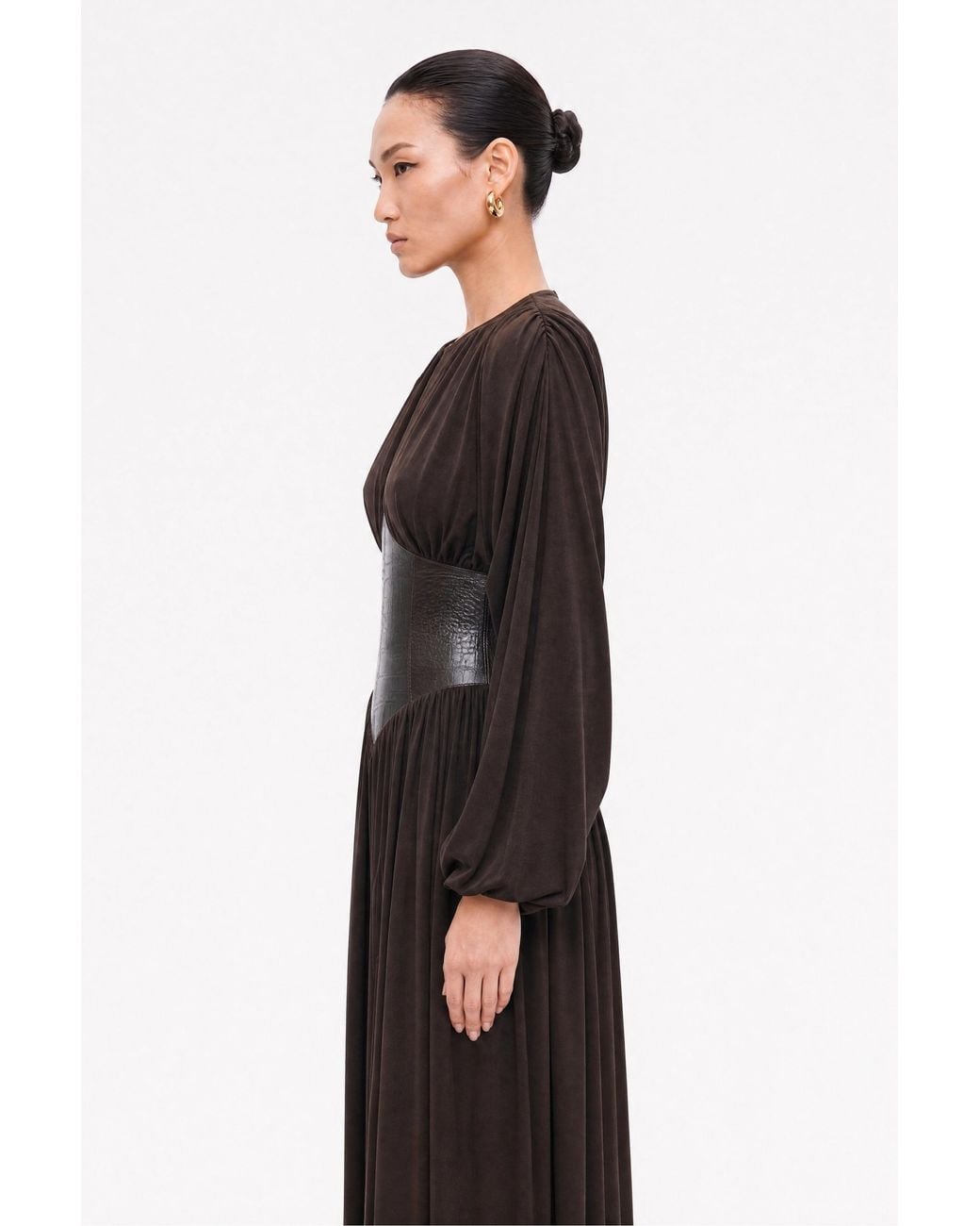 Nocturne Brown Leather Corset Maxi Dress