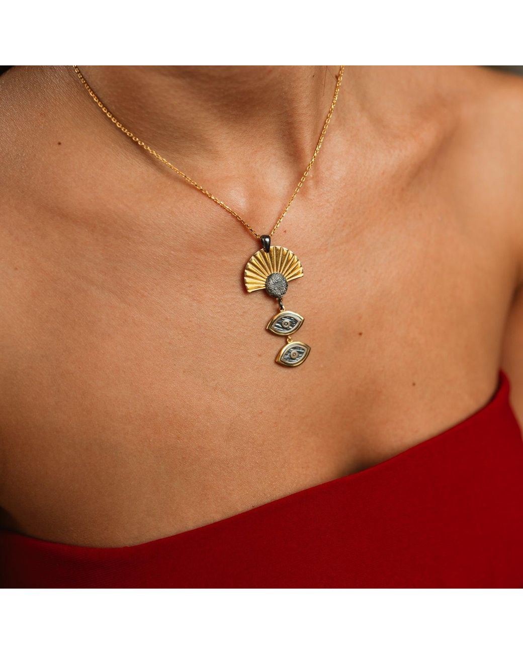 Ebru Jewelry Metallic Sun Ray Ancient Eye Two-Tone Pendant Necklace