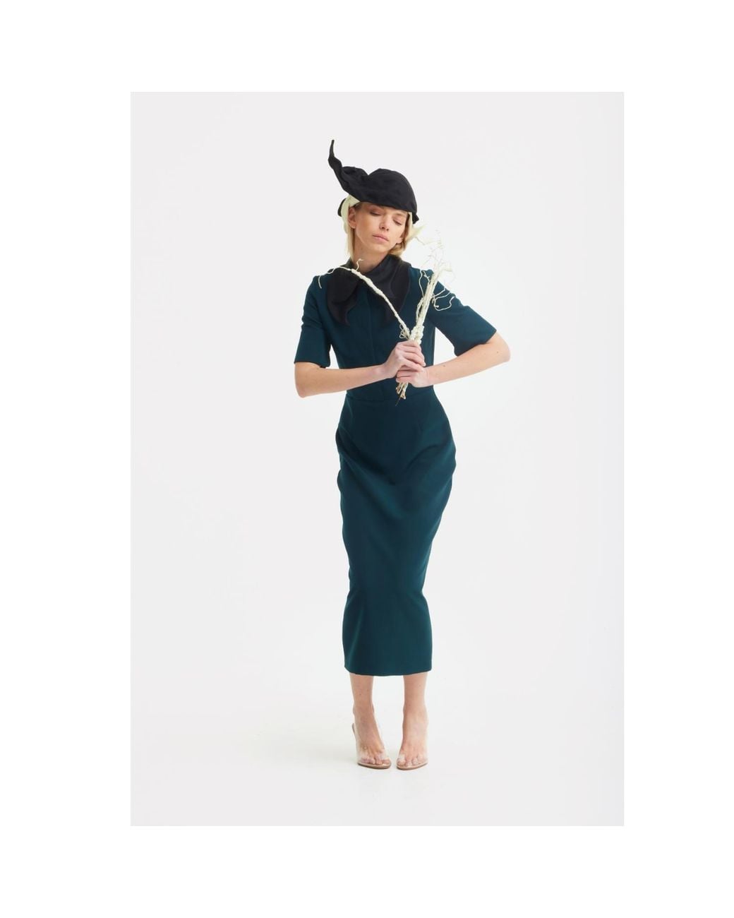 Julia Allert Green Polished Fitted Midi Short Sleeve Dress