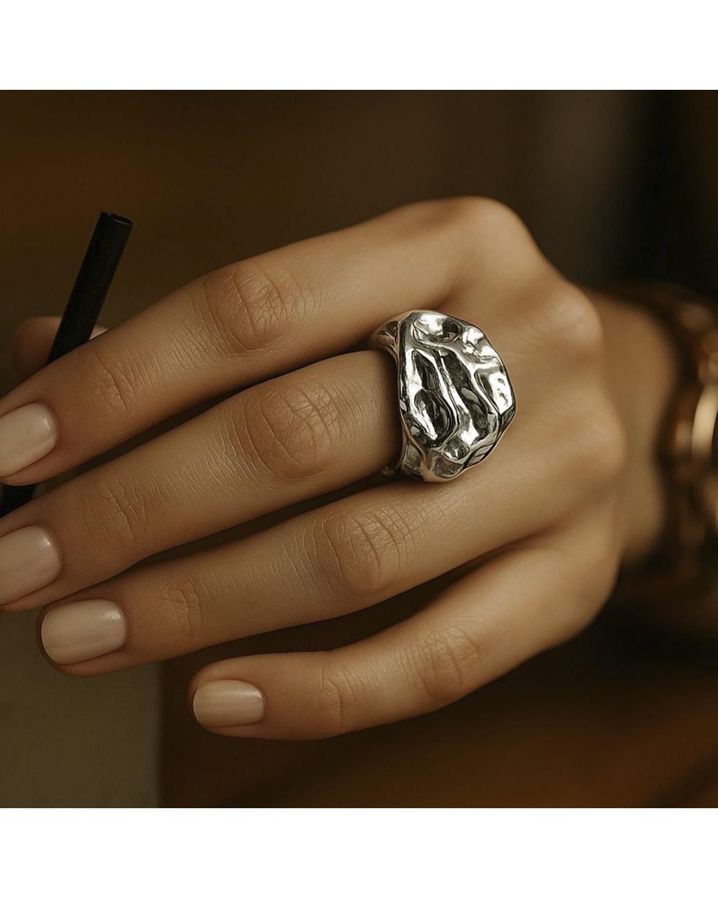 Mercela Metallic Voluminous Drop Cocktail Ring With Textured Sculptural Form – Statement Jewellery Gift For Her
