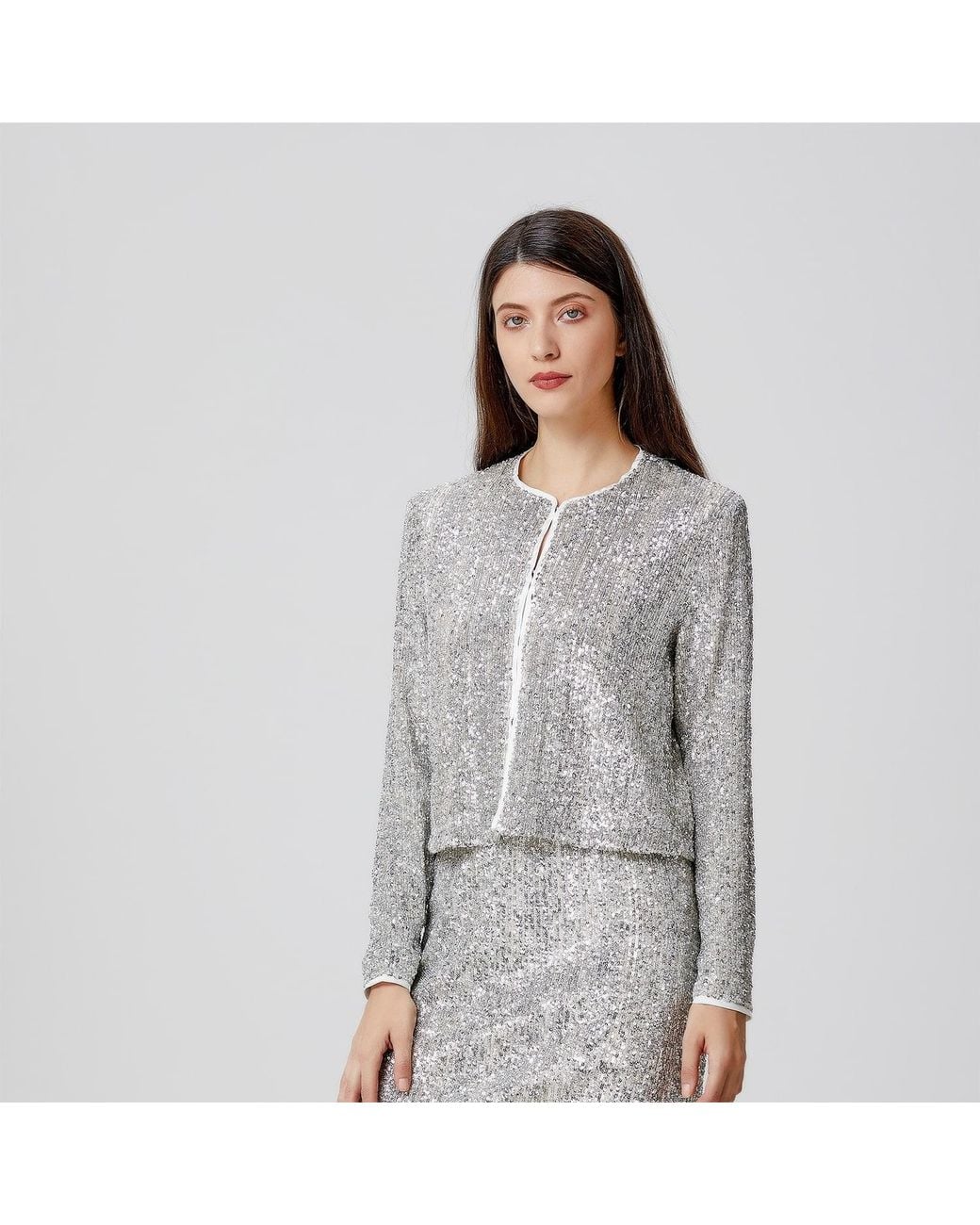 Smart and Joy Gray Rhinestone Jacket With A Round Neckline
