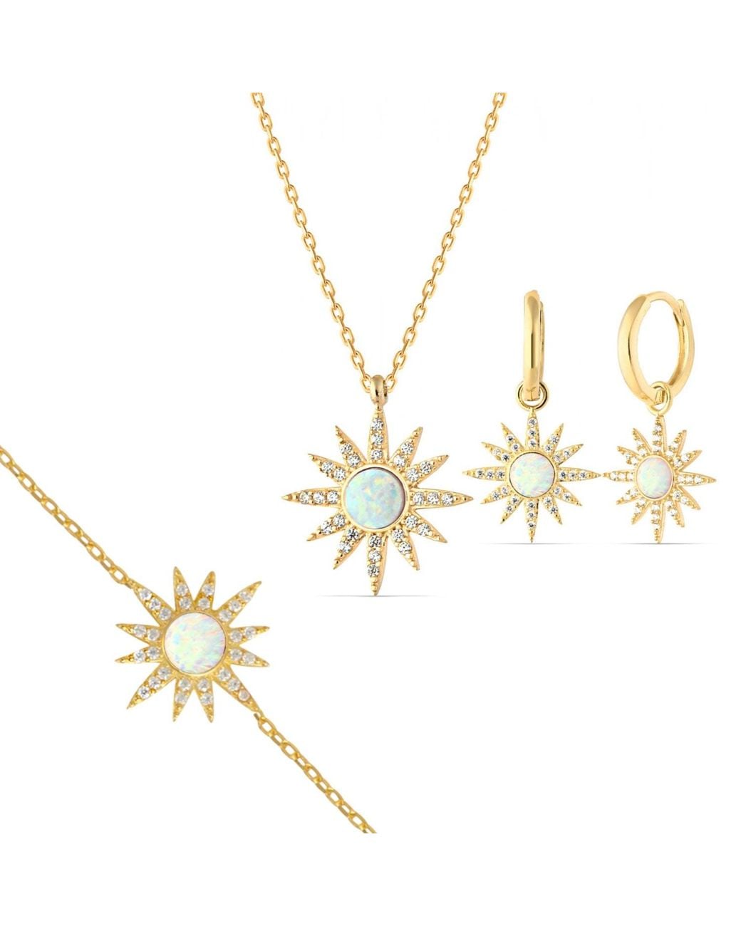 Spero London Metallic Opal Sun Sterling Necklace Earring & Bracelet Set