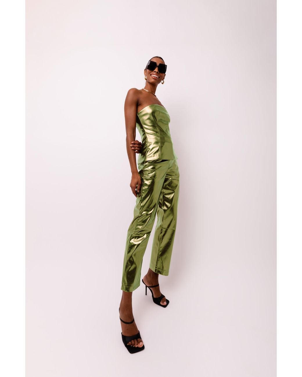 Amy Lynn Green Lupe Khaki Metallic Trousers