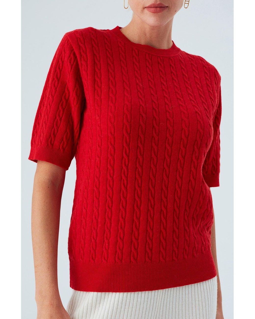 Peraluna Red Nicole Cable Knit Cashmere Blend Short Sleeve Blouse