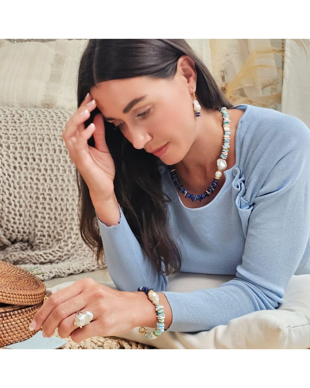 Farra Blue Kyanite And Colorful Shell With Baroque Pearl Necklace Bracelet Earrings Set