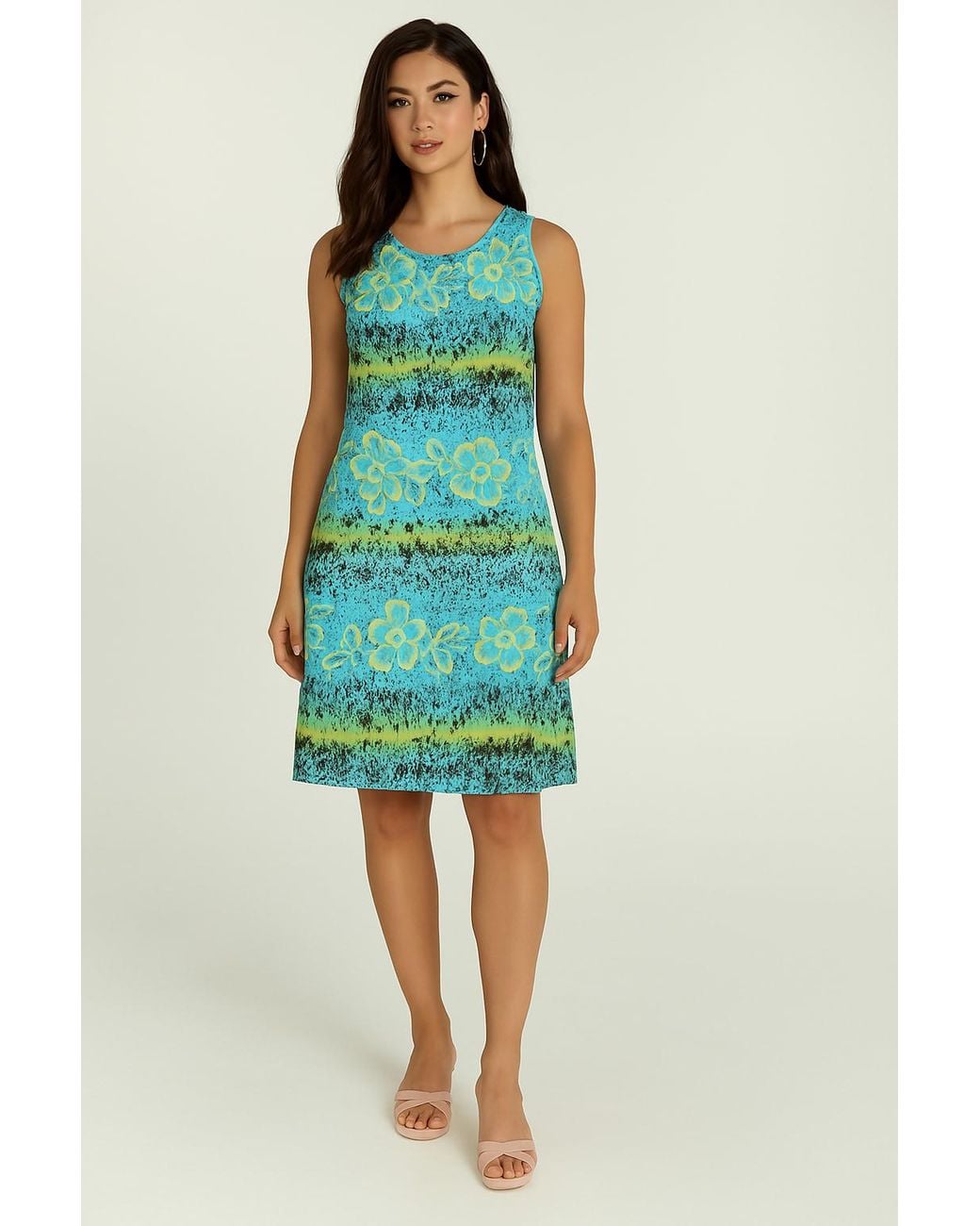 Conquista Blue Sleeveless Summer Dress – Floral Print, Sheer Nylon Overlay, Fully Lined