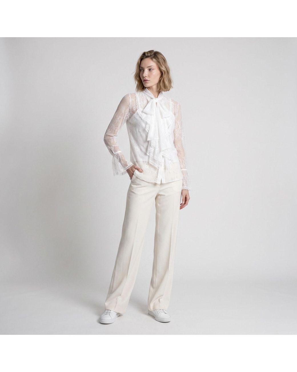 Modenaire White Sheer Lace Blouse With Bow Tie Neck Ruffle Front Detail With Cami