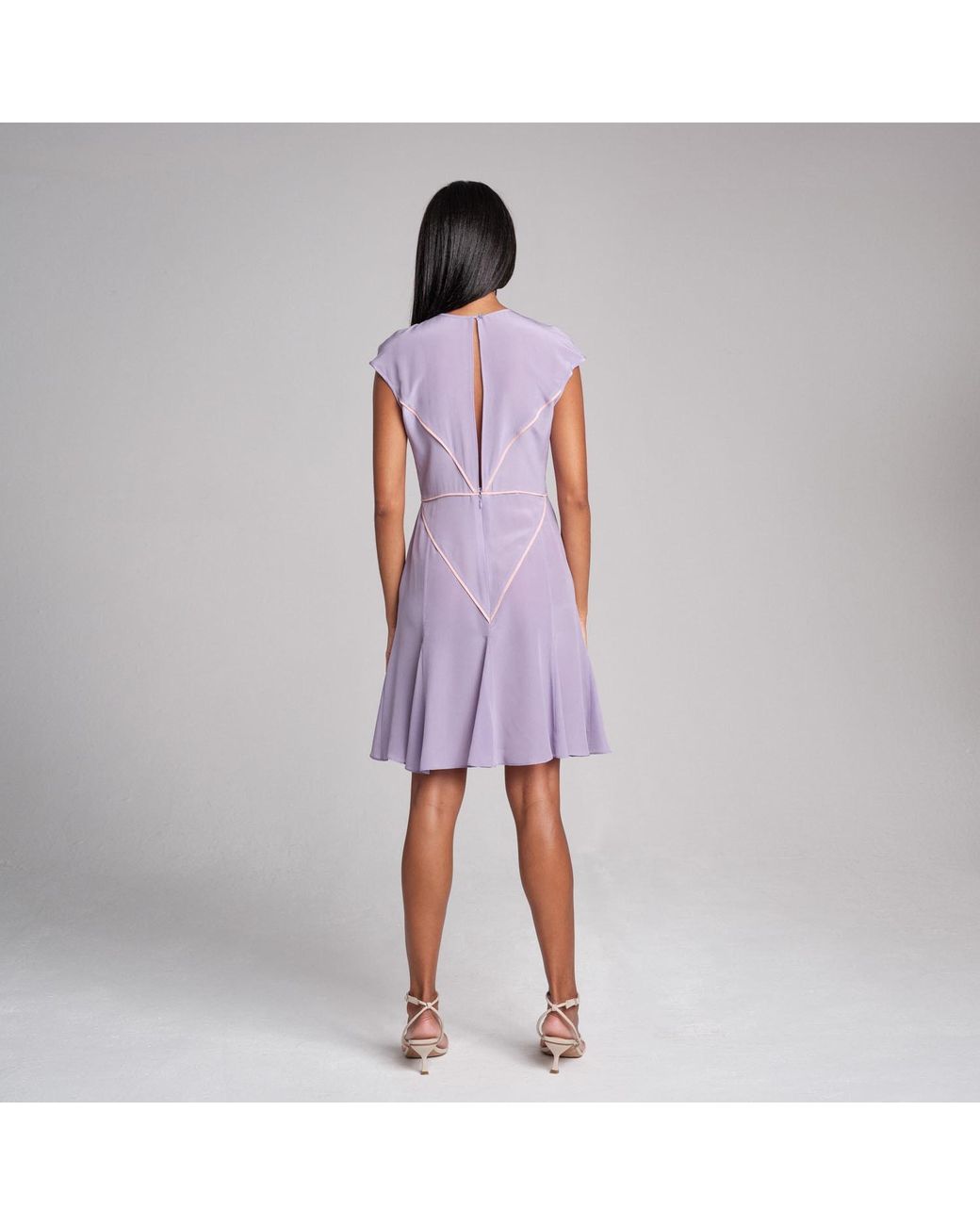Imaatu Purple Trapez Silk Mini Dress – Alcantara Geometric Inlays & Open Back Detailing