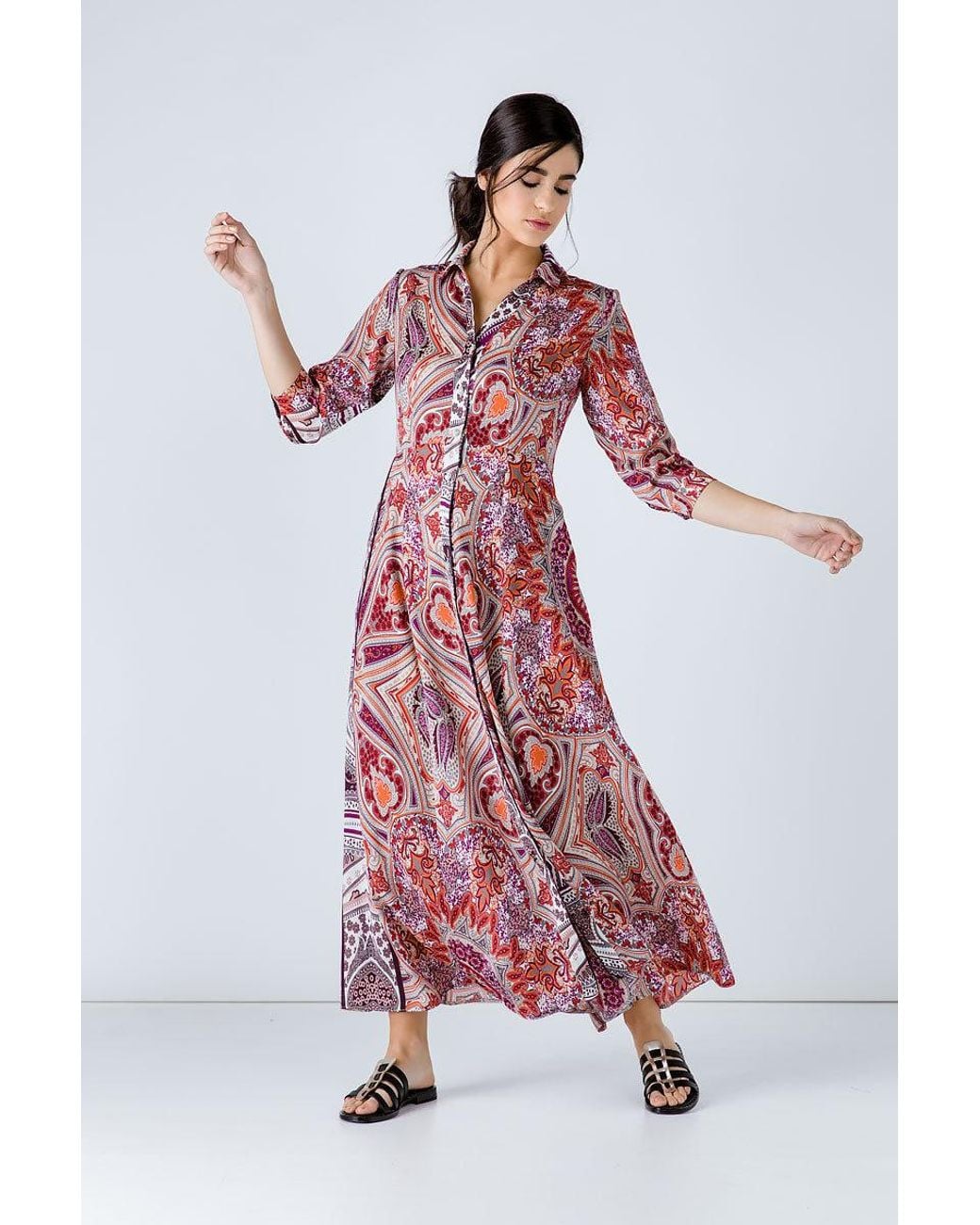 Conquista Red Print Maxi Dress With Buttons