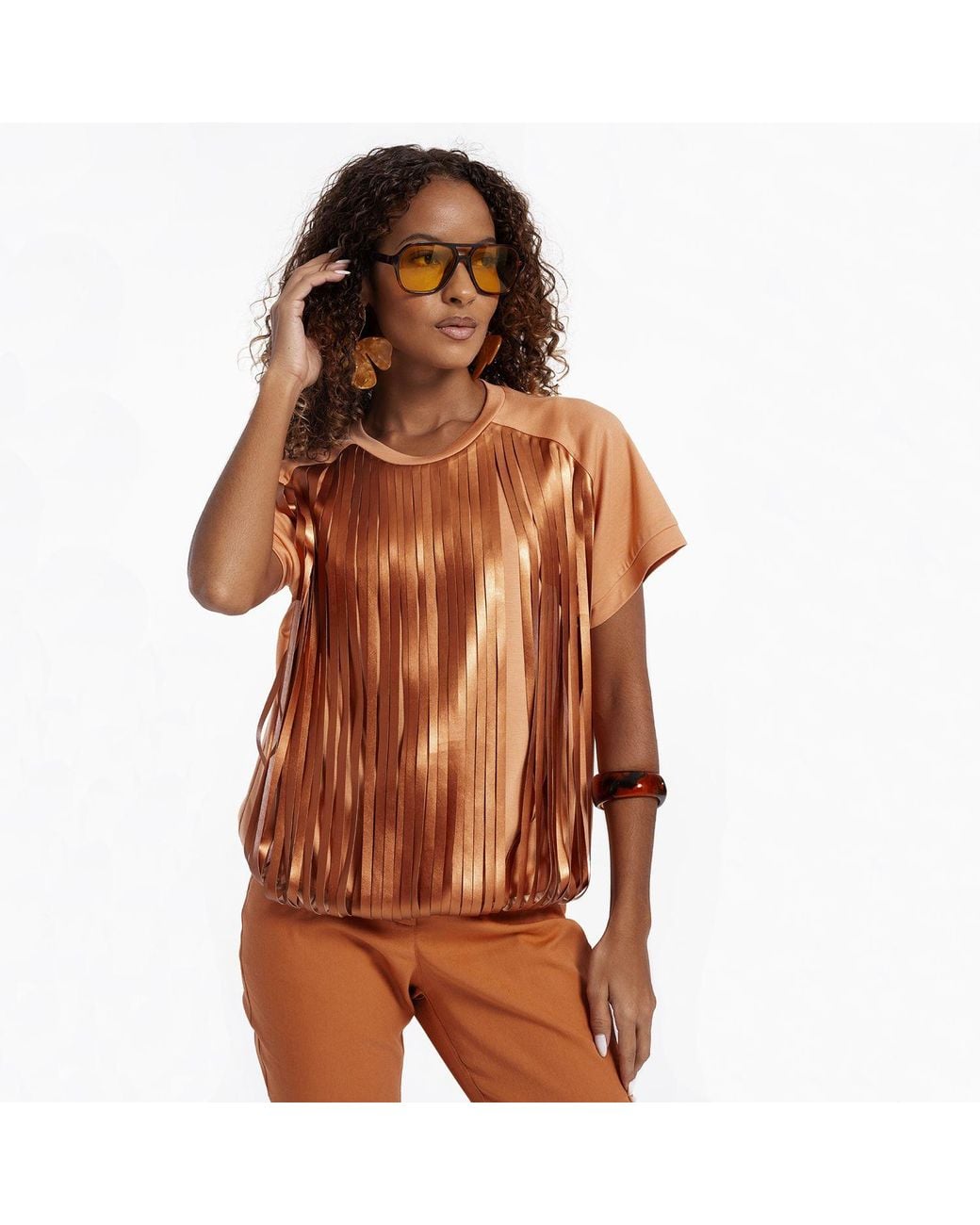 Lalipop Design Brown Neutrals Color Blouse With Laser-Cut Vegan Leather Fringes