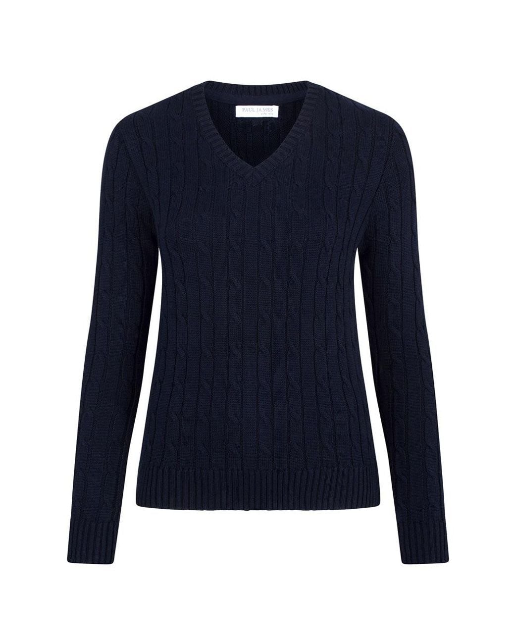 Paul James Knitwear Blue Cotton Talulah Cable V Neck Jumper